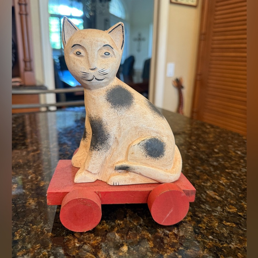 Vintage Wooden Cat on Cart
